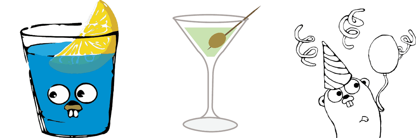 Logos for popular Go frameworks Gin Gionic Go, Revel Go, and Martini Go.
