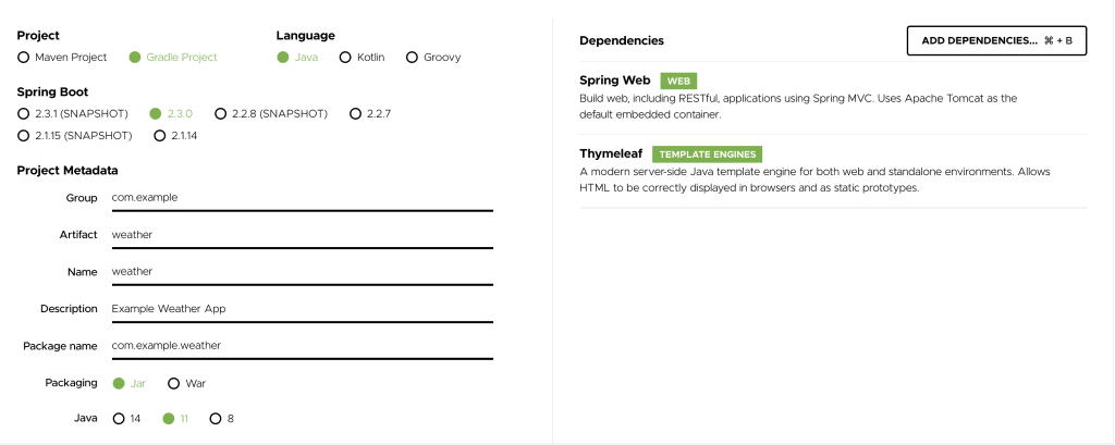 Spring Initializr UI with spring boot app settings for OpenWeather API