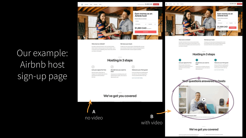 Airbnb test sign-up page A/B test example.