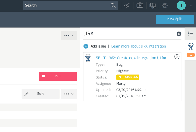 Screenshot of the Jira integration within the Split product.