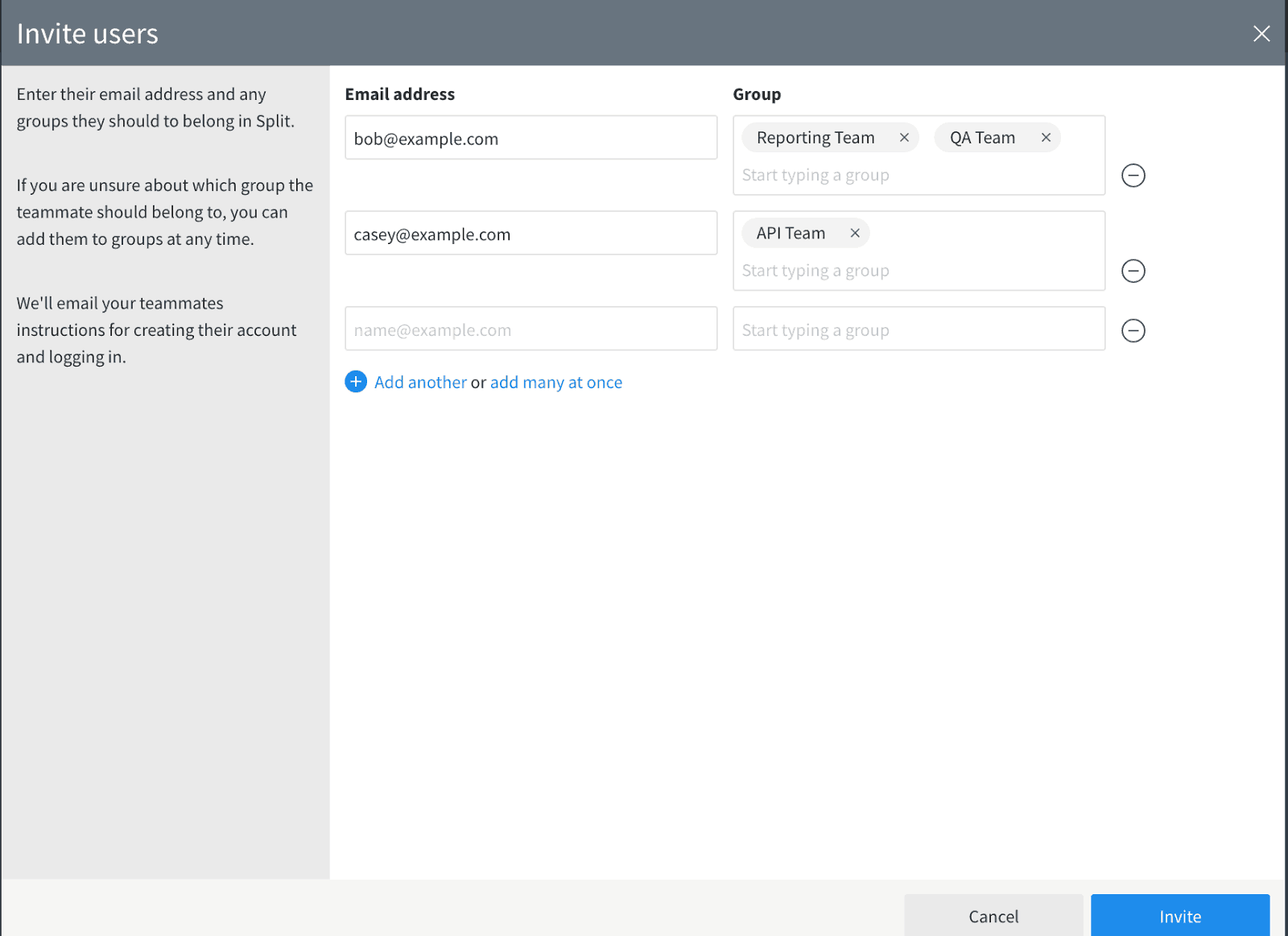 Screenshot of the Invite Users screen within the Split product.