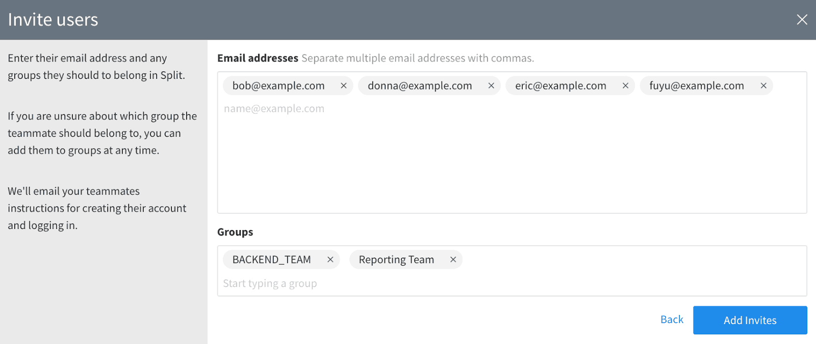 Screenshot of users being invited into the Split product.
