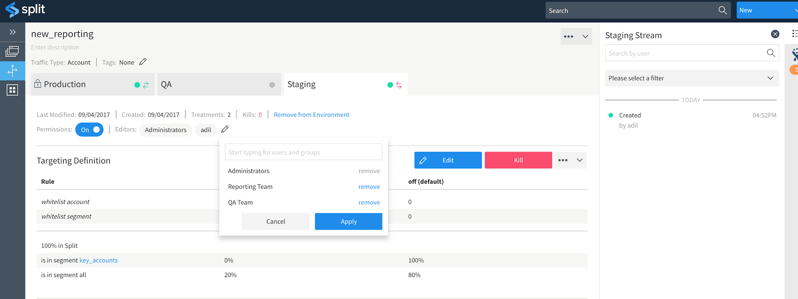 Screenshot highlighting user groups within the Split product.